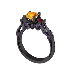 Kraliçe Tektaş Yüzük - Sitrin, kök yakut ve ametist 925 ayar siyah rodyum kaplama gümüş yüzük #h6qn18