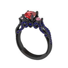 Kraliçe Tektaş Yüzük - Garnet, pembe kuvars ve lab safir 925 ayar siyah rodyum kaplama gümüş yüzük #hcnxzt