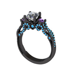 Kraliçe Tektaş Yüzük - Beyaz zirkon, ametist ve akuamarin 925 ayar siyah rodyum kaplama gümüş yüzük #hjw8lk