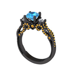 Kraliçe Tektaş Yüzük - Akuamarin, swarovski ve sitrin 925 ayar siyah rodyum kaplama gümüş yüzük #i7noco