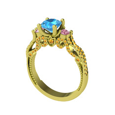 Kraliçe Tektaş Yüzük - Akuamarin, pembe kuvars ve sitrin 14 ayar altın yüzük #i7z914