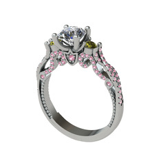 Kraliçe Tektaş Yüzük - Swarovski, peridot ve pembe kuvars 18 ayar beyaz altın yüzük #ifst8a