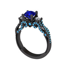 Kraliçe Tektaş Yüzük - Lab safir, beyaz zirkon ve akuamarin 925 ayar siyah rodyum kaplama gümüş yüzük #iuhj56