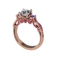 Kraliçe Tektaş Yüzük - Beyaz zirkon, ametist ve rodolit garnet 18 ayar rose altın yüzük #j5eauu