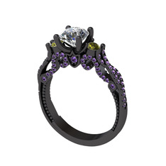 Kraliçe Tektaş Yüzük - Beyaz zirkon, peridot ve ametist 925 ayar siyah rodyum kaplama gümüş yüzük #ja4a5u
