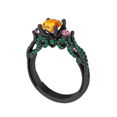 Kraliçe Tektaş Yüzük - Sitrin, pembe kuvars ve yeşil kuvars 925 ayar siyah rodyum kaplama gümüş yüzük #jrlaw3