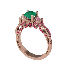 Kraliçe Tektaş Yüzük - Kök zümrüt, pembe kuvars ve rodolit garnet 14 ayar rose altın yüzük #kgrqg1