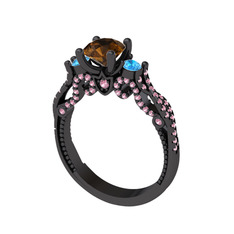 Kraliçe Tektaş Yüzük - Dumanlı kuvars, akuamarin ve pembe kuvars 925 ayar siyah rodyum kaplama gümüş yüzük #kzxhdh