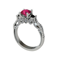 Rodolit garnet, siyah zirkon ve pırlanta 14 ayar beyaz altın yüzük (0.792 karat)