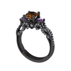 Kraliçe Tektaş Yüzük - Dumanlı kuvars, ametist ve pırlanta 925 ayar siyah rodyum kaplama gümüş yüzük (0.792 karat) #lykbd7