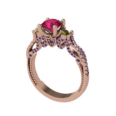 Kraliçe Tektaş Yüzük - Rodolit garnet, peridot ve ametist 8 ayar rose altın yüzük #m11qte
