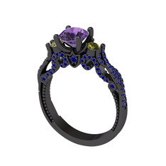 Kraliçe Tektaş Yüzük - Ametist, peridot ve lab safir 925 ayar siyah rodyum kaplama gümüş yüzük #m94sck