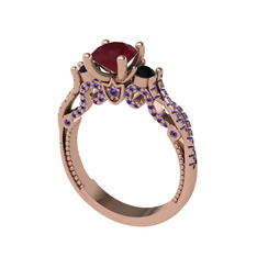 Kraliçe Tektaş Yüzük - Kök yakut, siyah zirkon ve ametist 14 ayar rose altın yüzük #mrkv3a