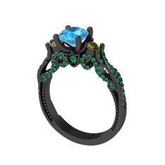 Kraliçe Tektaş Yüzük - Akuamarin, peridot ve yeşil kuvars 925 ayar siyah rodyum kaplama gümüş yüzük #n8nx7h