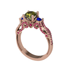 Peridot, lab safir ve rodolit garnet 8 ayar rose altın yüzük