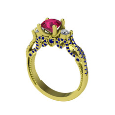 Rodolit garnet, beyaz zirkon ve lab safir 18 ayar altın yüzük
