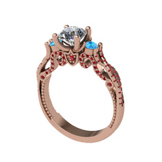 Kraliçe Tektaş Yüzük - Beyaz zirkon, akuamarin ve garnet 18 ayar rose altın yüzük #p0di9i