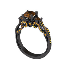 Kraliçe Tektaş Yüzük - Dumanlı kuvars ve sitrin 925 ayar siyah rodyum kaplama gümüş yüzük #pffexi