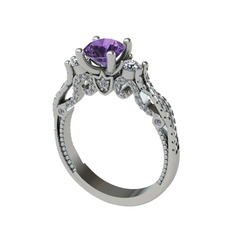 Kraliçe Tektaş Yüzük - Ametist, pırlanta ve swarovski 18 ayar beyaz altın yüzük (0.22 karat) #pskw9a