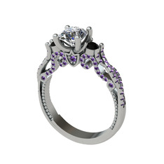 Kraliçe Tektaş Yüzük - Beyaz zirkon, siyah zirkon ve ametist 18 ayar beyaz altın yüzük #pvpau7