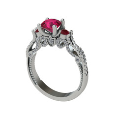 Rodolit garnet, kök yakut ve pırlanta 8 ayar beyaz altın yüzük (0.792 karat)
