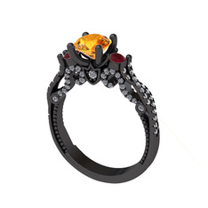 Kraliçe Tektaş Yüzük - Sitrin, kök yakut ve pırlanta 925 ayar siyah rodyum kaplama gümüş yüzük (0.792 karat) #qll942