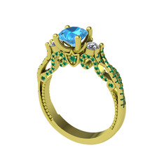 Kraliçe Tektaş Yüzük - Akuamarin, pırlanta ve yeşil kuvars 925 ayar altın kaplama gümüş yüzük (0.22 karat) #riojp0