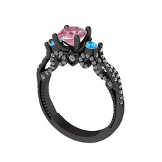 Kraliçe Tektaş Yüzük - Pembe kuvars, akuamarin ve swarovski 925 ayar siyah rodyum kaplama gümüş yüzük #runti9
