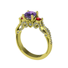 Kraliçe Tektaş Yüzük - Ametist, garnet ve swarovski 8 ayar altın yüzük #soor7u