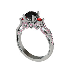 Siyah zirkon, garnet ve pembe kuvars 18 ayar beyaz altın yüzük