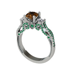 Dumanlı kuvars, swarovski ve yeşil kuvars 8 ayar beyaz altın yüzük
