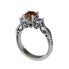 Kraliçe Tektaş Yüzük - Dumanlı kuvars, ametist ve siyah zirkon 18 ayar beyaz altın yüzük #t6qhjj