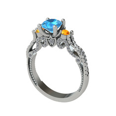 Kraliçe Tektaş Yüzük - Akuamarin, sitrin ve beyaz zirkon 14 ayar beyaz altın yüzük #t6riml
