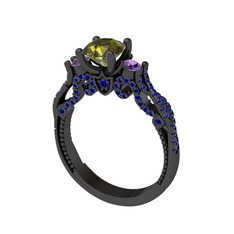 Kraliçe Tektaş Yüzük - Peridot, ametist ve lab safir 925 ayar siyah rodyum kaplama gümüş yüzük #t961hz