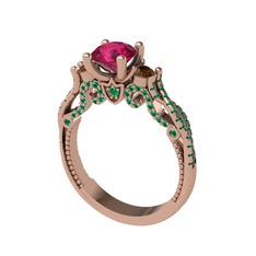 Kraliçe Tektaş Yüzük - Rodolit garnet, dumanlı kuvars ve yeşil kuvars 14 ayar rose altın yüzük #te2mpr