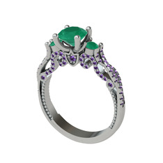 Kraliçe Tektaş Yüzük - Kök zümrüt ve ametist 8 ayar beyaz altın yüzük #tfp6aa