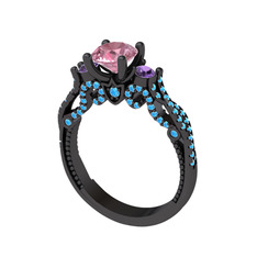 Kraliçe Tektaş Yüzük - Pembe kuvars, ametist ve akuamarin 925 ayar siyah rodyum kaplama gümüş yüzük #th4ryw