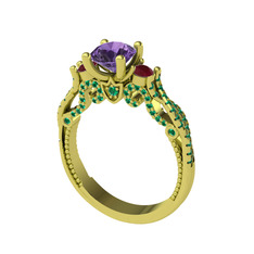 Kraliçe Tektaş Yüzük - Ametist, kök yakut ve yeşil kuvars 14 ayar altın yüzük #tt64p8