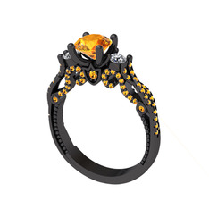 Kraliçe Tektaş Yüzük - Sitrin ve pırlanta 925 ayar siyah rodyum kaplama gümüş yüzük (0.22 karat) #u2pyoi