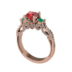 Garnet, yeşil kuvars ve beyaz zirkon 8 ayar rose altın yüzük