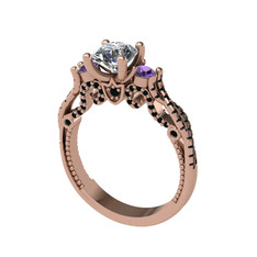 Kraliçe Tektaş Yüzük - Swarovski, ametist ve siyah zirkon 8 ayar rose altın yüzük #vz24bs