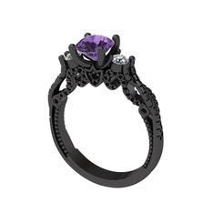 Kraliçe Tektaş Yüzük - Ametist, pırlanta ve siyah zirkon 925 ayar siyah rodyum kaplama gümüş yüzük (0.22 karat) #wd70es