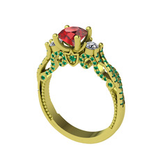 Kraliçe Tektaş Yüzük - Garnet, beyaz zirkon ve yeşil kuvars 8 ayar altın yüzük #whjggd