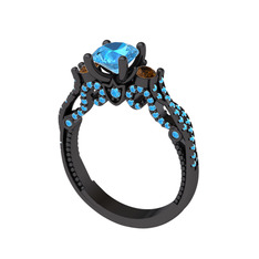 Kraliçe Tektaş Yüzük - Akuamarin ve dumanlı kuvars 925 ayar siyah rodyum kaplama gümüş yüzük #x0ya4n