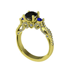 Kraliçe Tektaş Yüzük - Siyah zirkon, lab safir ve beyaz zirkon 8 ayar altın yüzük #x18kzv