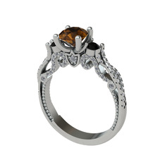 Kraliçe Tektaş Yüzük - Dumanlı kuvars, siyah zirkon ve beyaz zirkon 14 ayar beyaz altın yüzük #yd1xv