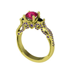 Kraliçe Tektaş Yüzük - Rodolit garnet, siyah zirkon ve ametist 8 ayar altın yüzük #yj2nxo