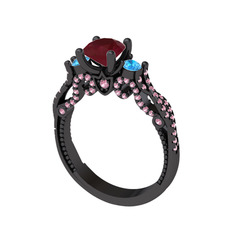 Kraliçe Tektaş Yüzük - Kök yakut, akuamarin ve pembe kuvars 925 ayar siyah rodyum kaplama gümüş yüzük #ylau27