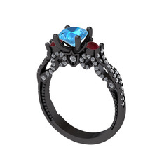 Kraliçe Tektaş Yüzük - Akuamarin, kök yakut ve swarovski 925 ayar siyah rodyum kaplama gümüş yüzük #yndyy8