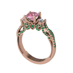 Pembe kuvars, beyaz zirkon ve yeşil kuvars 925 ayar rose altın kaplama gümüş yüzük